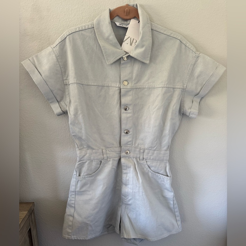 Zara denim short sleeve romper. Dusty Blue Gray with shimmer. NWT - Picture 3 of 6